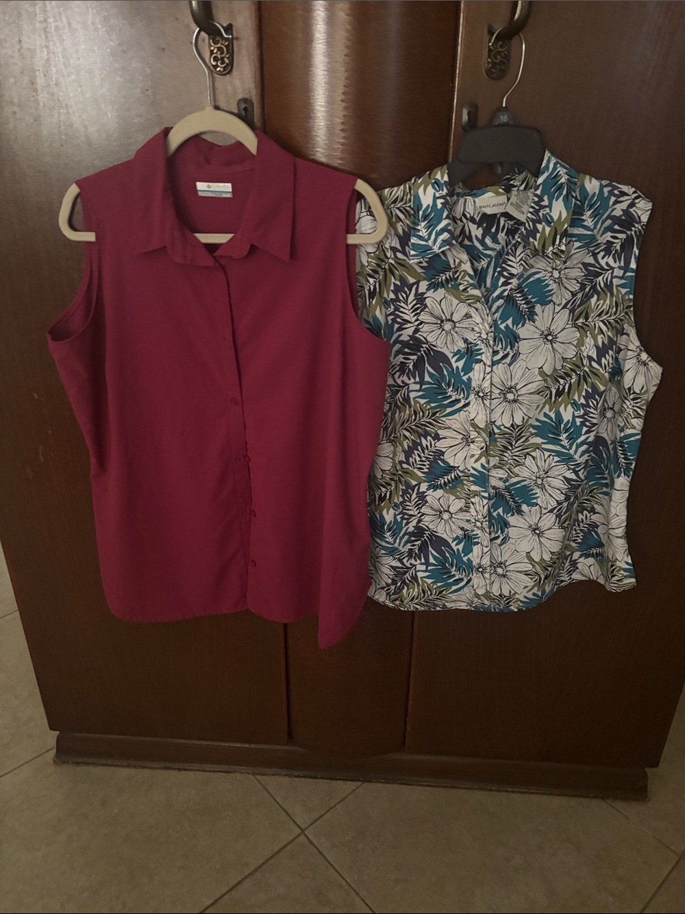 Columbia Sleeveless Button-Down Tops in Burgundy and Teal Floral
